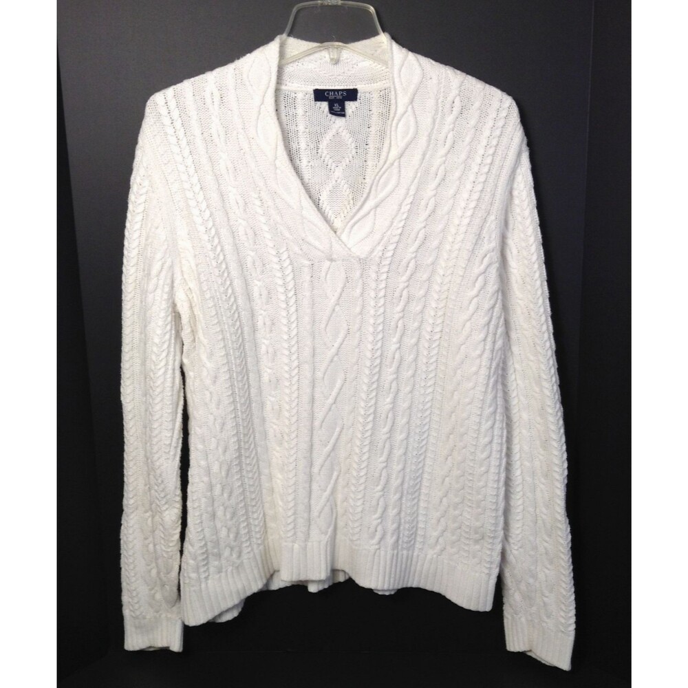 Ralph Lauren Chaps Sweater Wn XL White Fisherman Cable Knit Chunky Prep Y2K 90s